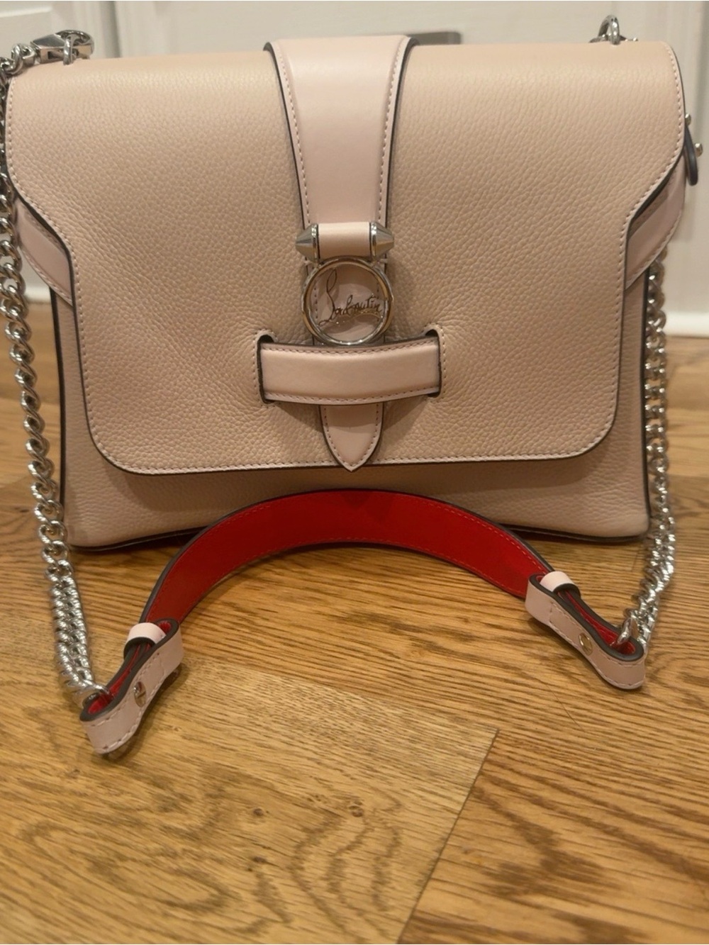Christian Louboutin Blush Pink Leather Shoulder Bag with Red Strap Accent